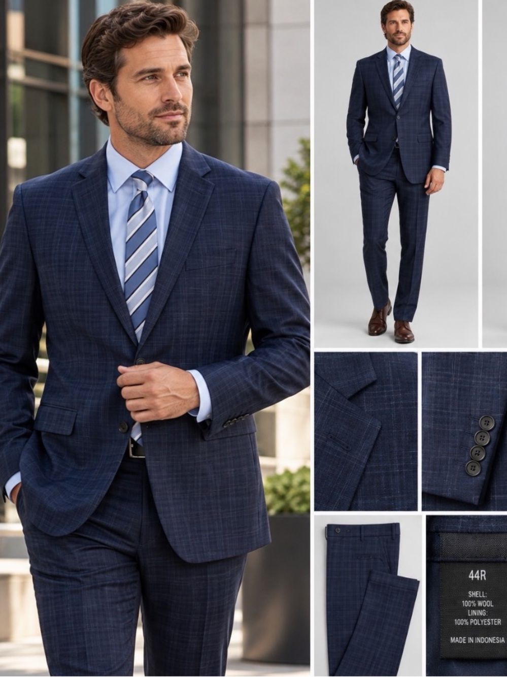 Ryan Seacrest Distinction Wool Suit Men’s 44R Navy Plaid 38x28 Pants